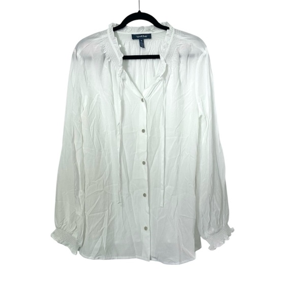 Modcloth Tie Detail Button Down Smocked Cuff Blouse Womens Medium White - Picture 1 of 6